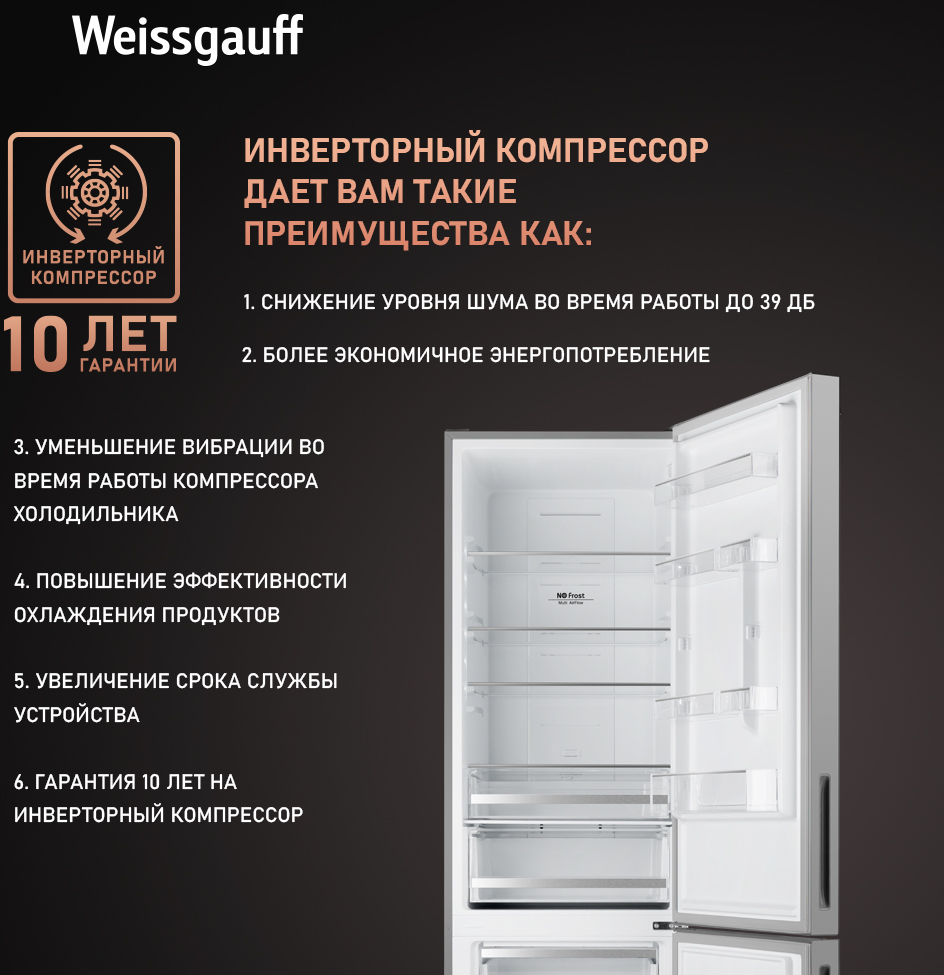 Отдельностоящий холодильник с инвертором Weissgauff WRK 2000 D Full NoFrost  Inverter Grey Glass