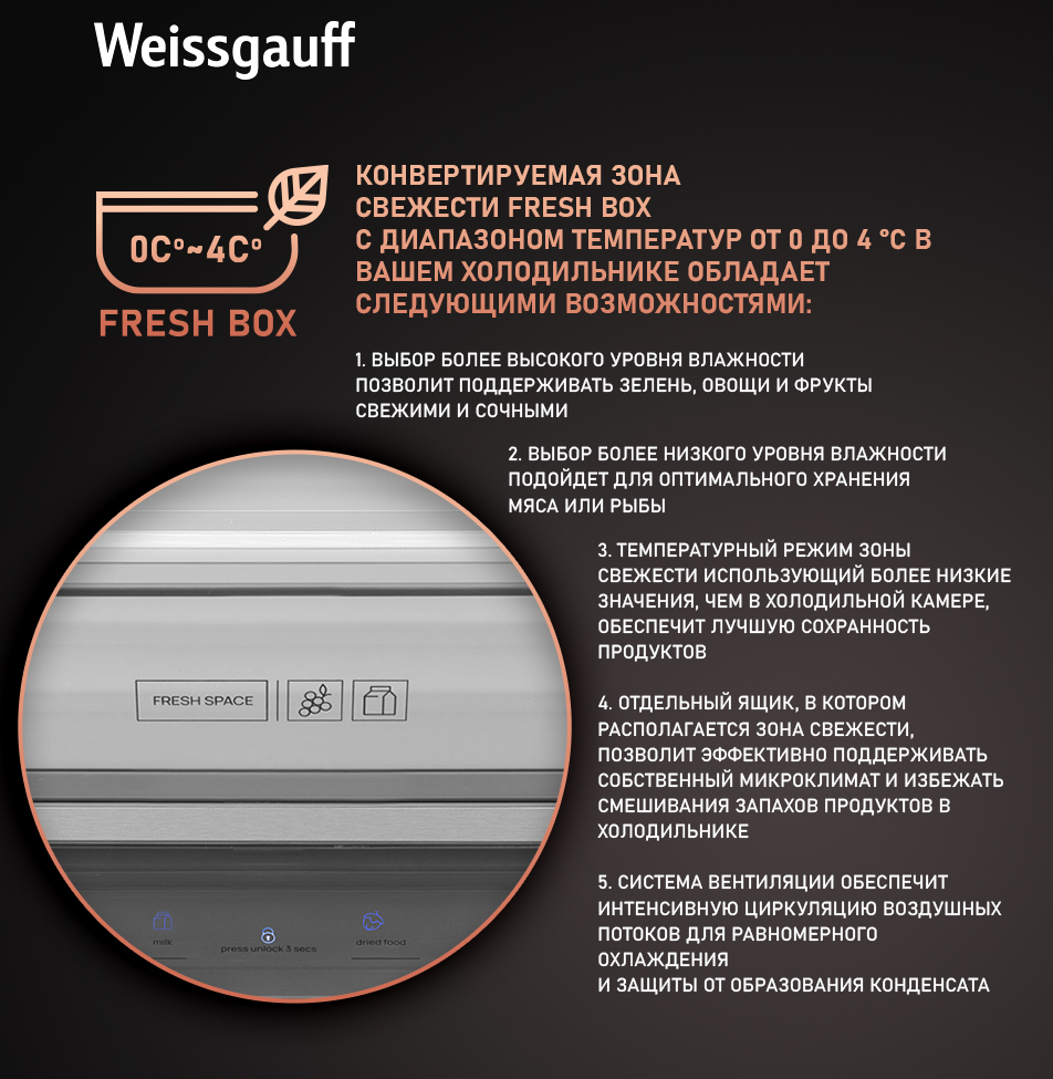 Отдельностоящий холодильник с инвертором Weissgauff WCD 590 Nofrost  Inverter Premium EcoFresh White Glass