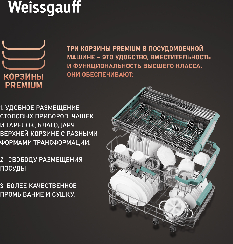 Встраиваемая посудомоечная машина с проекцией времени на полу,  авто-открыванием и инвертором Weissgauff BDW 4160 Real Touch DC Inverter  Timer Floor купить с доставкой в интернет-магазине Weissgauff