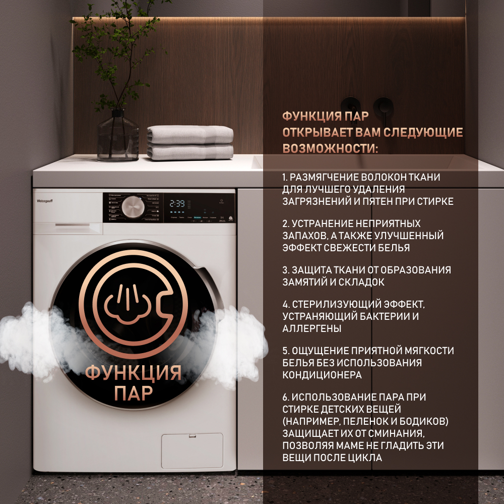 Стиральная машина с автодозированием, инвертором и паром Weissgauff WM  56510 Autodose DC Inverter Steam купить с доставкой в интернет-магазине  Weissgauff