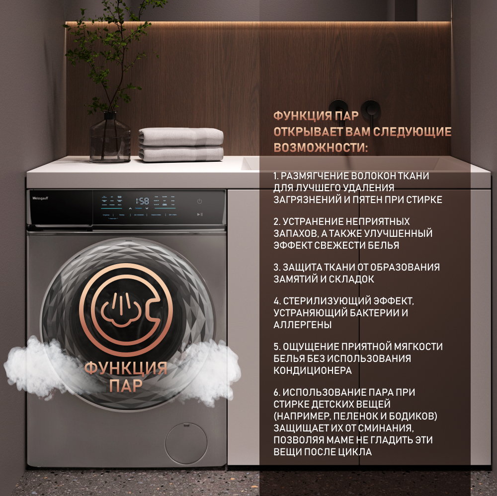 Cтиральная машина с инвертором и паром Weissgauff WM 879 Diamond Inverter  Steam