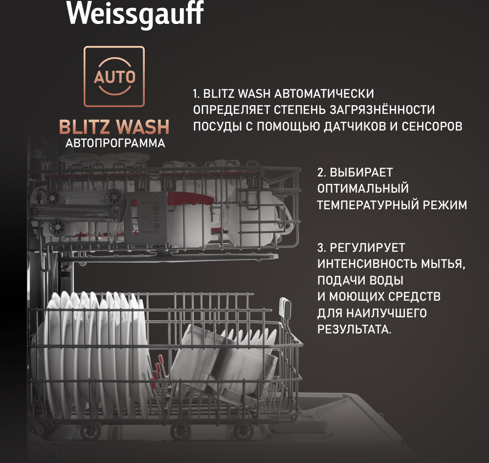 Посудомоечная машина с авто-открыванием и инвертором Weissgauff DW 6160  Inverter Real Touch AutoOpen