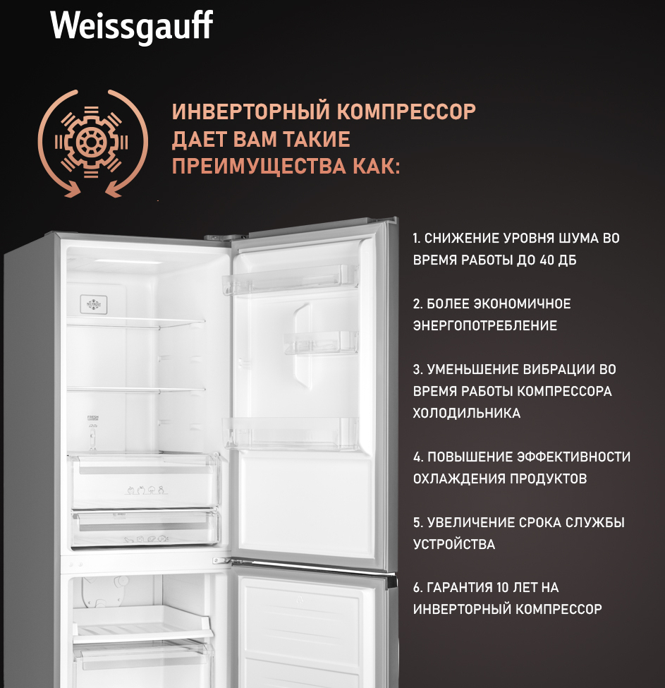 Отдельностоящий холодильник с инвертором Weissgauff WRK 185 Total NoFrost  Inverter Inox