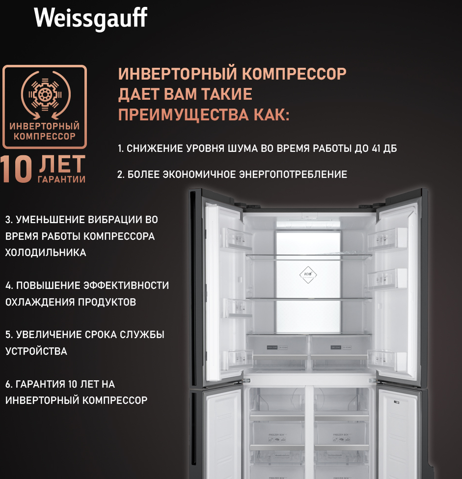 Отдельностоящий холодильник с инвертором Weissgauff WCD 450 Inox Glass  NoFrost Inverter купить с доставкой в интернет-магазине Weissgauff