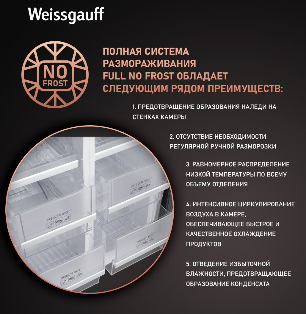 Отдельностоящий холодильник с инвертором Weissgauff WCD 450 Inox Glass  NoFrost Inverter