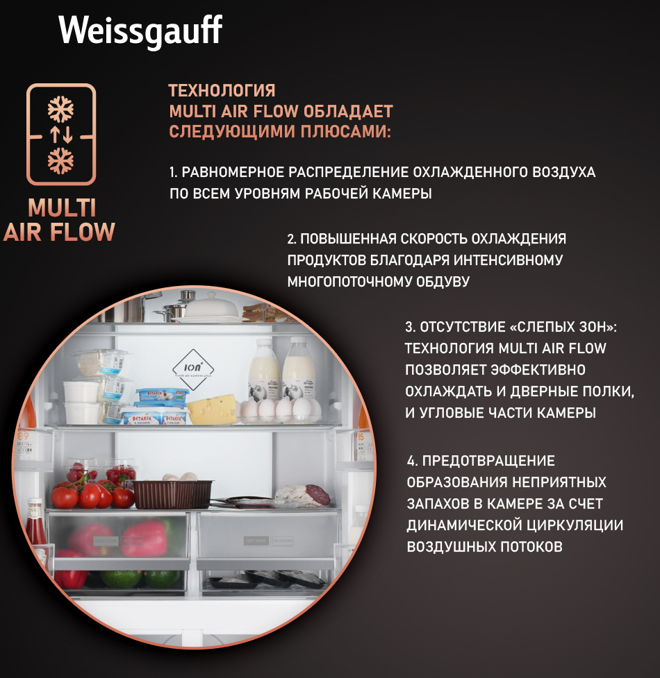 Отдельностоящий холодильник с инвертором Weissgauff WCD 450 Inox Glass  NoFrost Inverter