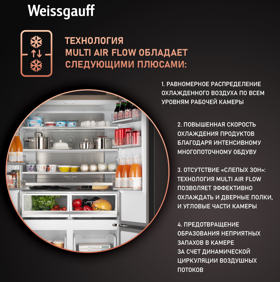 Отдельностоящий холодильник с инвертором Weissgauff WCD 510 Built-in  Inverter NoFrost Сhampagne Glass купить с доставкой в интернет-магазине  Weissgauff