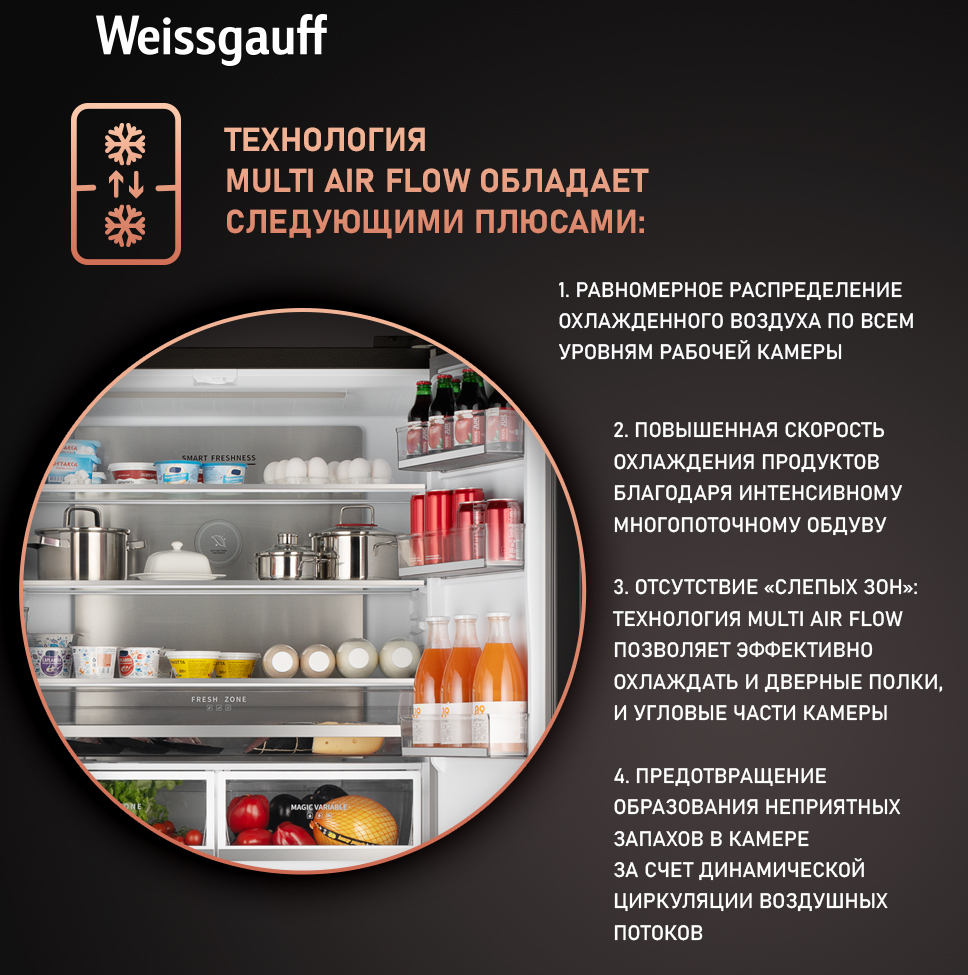 Отдельностоящий холодильник с инвертором Weissgauff WCD 510 Built-in  Inverter NoFrost Black Glass