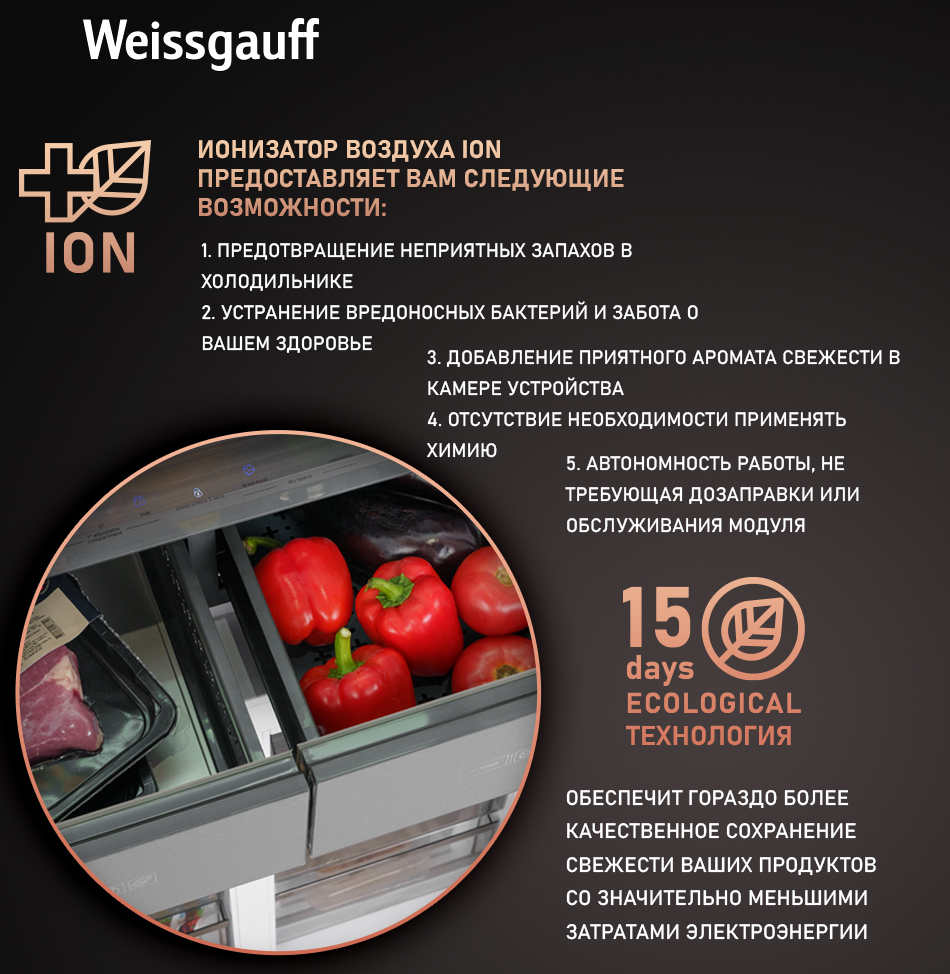 Отдельностоящий холодильник с инвертором Weissgauff WCD 590 NoFrost  Inverter Premium EcoFresh Inox Glass купить с доставкой в интернет-магазине  Weissgauff